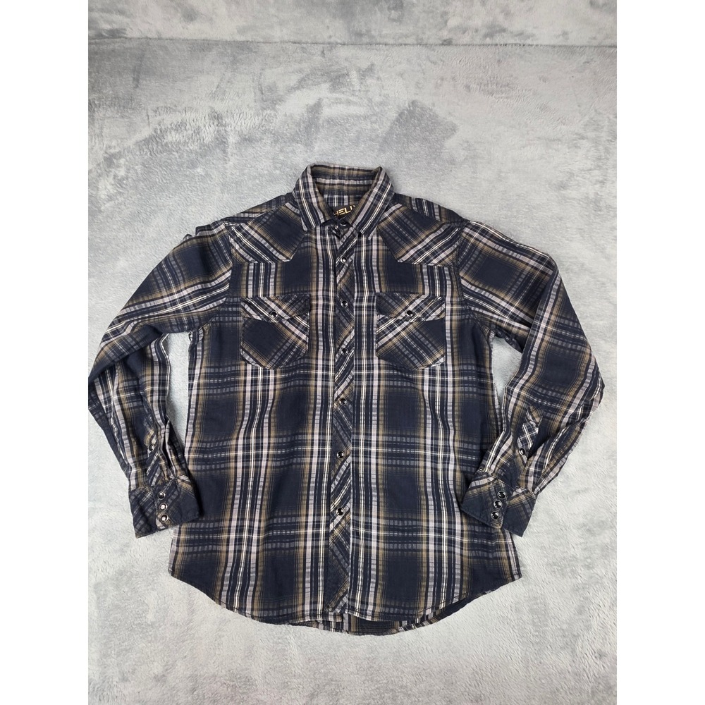 Helix Western Pearl Snap Button Down Shirt Black Brown Plaid Mens Size Med LS